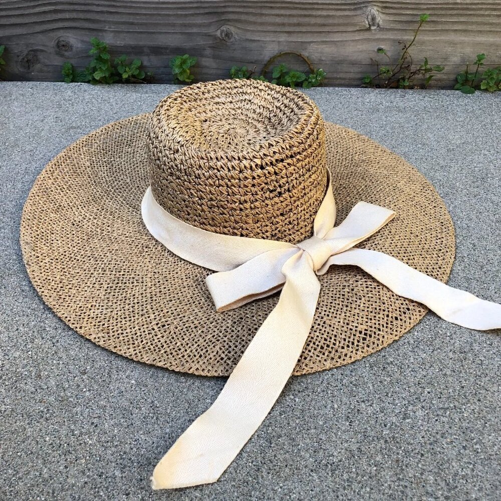 THE SCALA COLLECTION Natural Woven Sun Hat Women's SMALL Beige Bow Wide Brim Cap